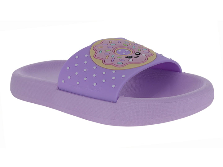 Sandalia deslizable color morado con detalles de puntos blancos y diseño decorativo en la correa.