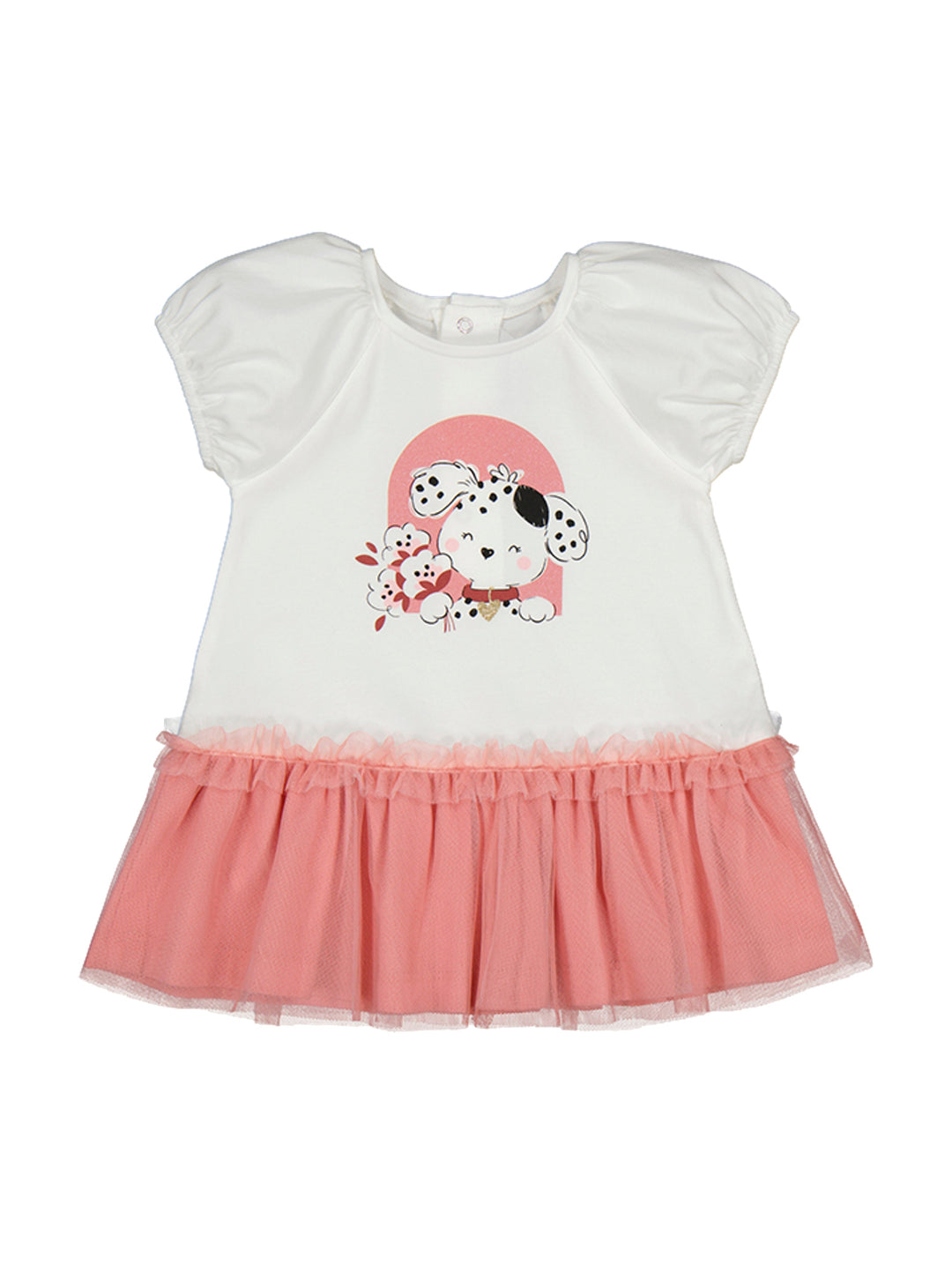 Vestido blanco para niña con falda de tul rosa y estampado de perrito en el pecho.