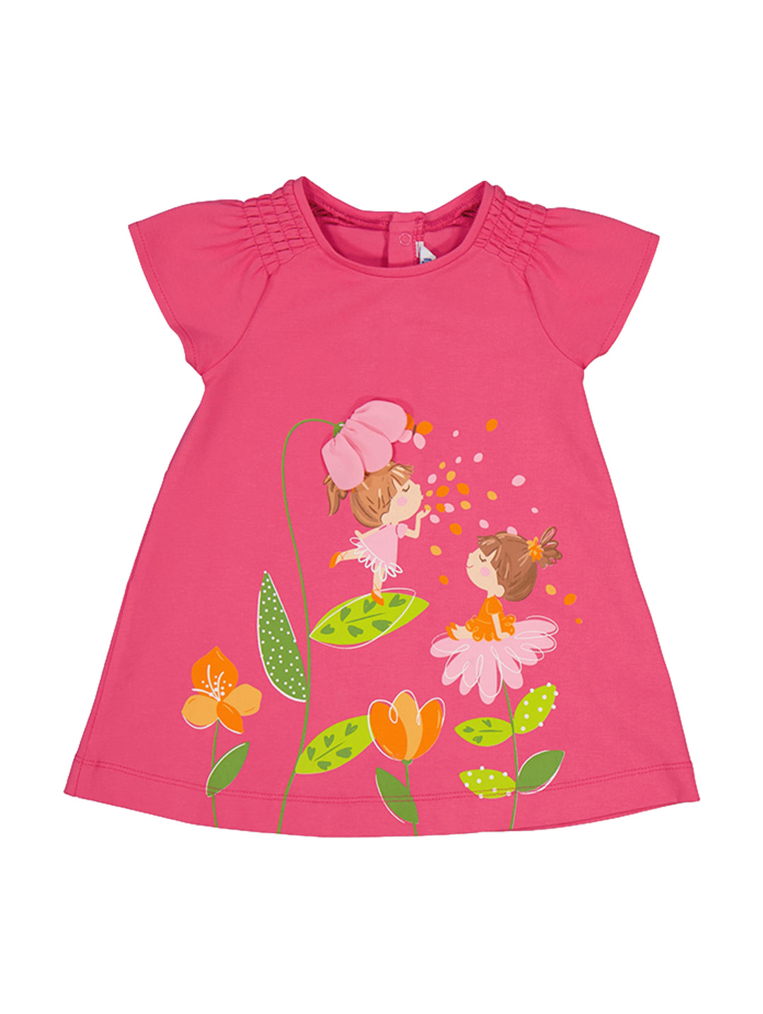 Vestido corto color magenta para niña con estampado colorido de flores y personajes en la parte frontal.