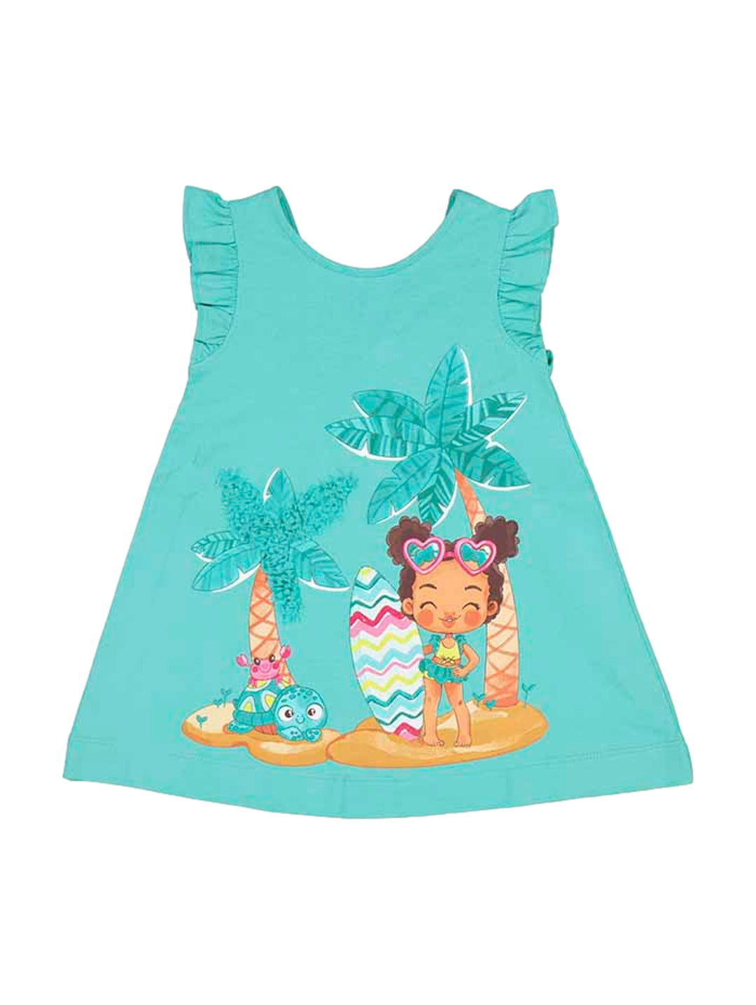 Vestido turquesa para niña con estampado playero de palmeras y personajes.