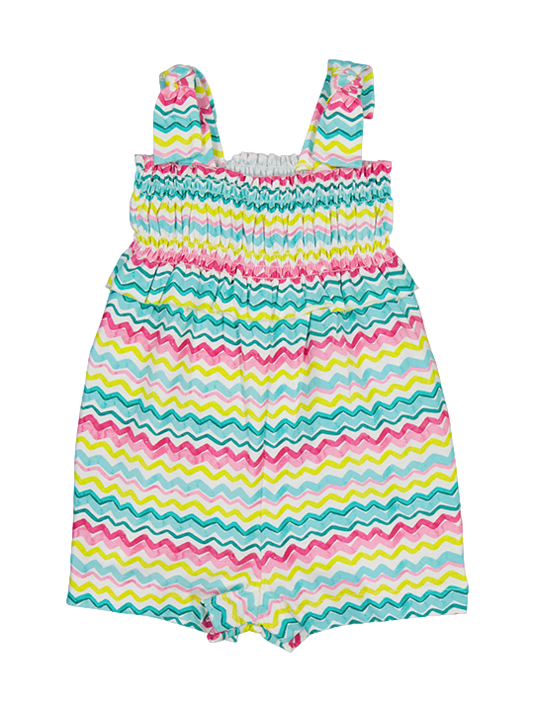Mono para niña con estampado de zigzag multicolor en tonos rosa, amarillo y turquesa.