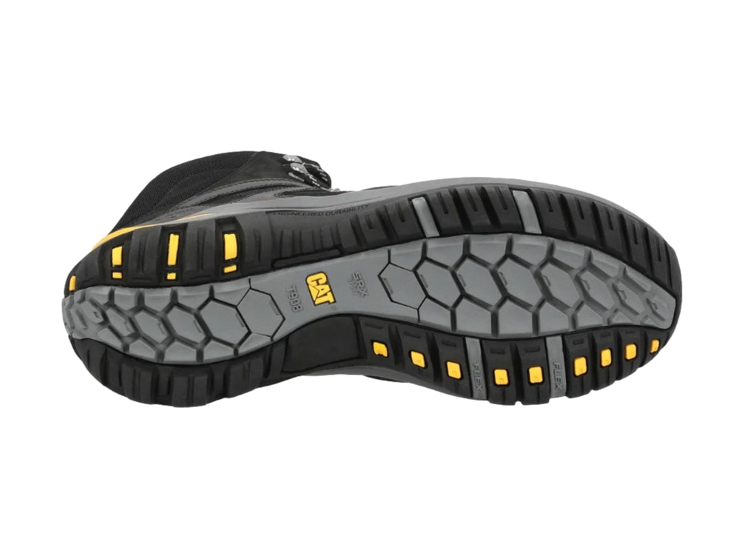 Botín Caterpillar color negro con detalles en amarillo y suela gris, diseño robusto y deportivo.