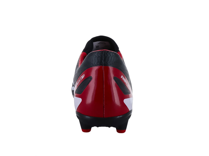 Zapato de fútbol Furia color negro con detalles en rojo y suela de tacos.