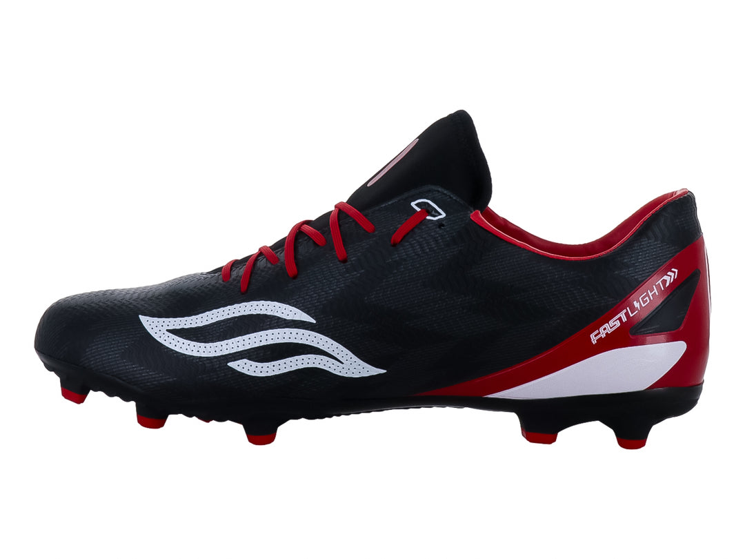 Zapato de fútbol Furia color negro con detalles en rojo y suela de tacos.
