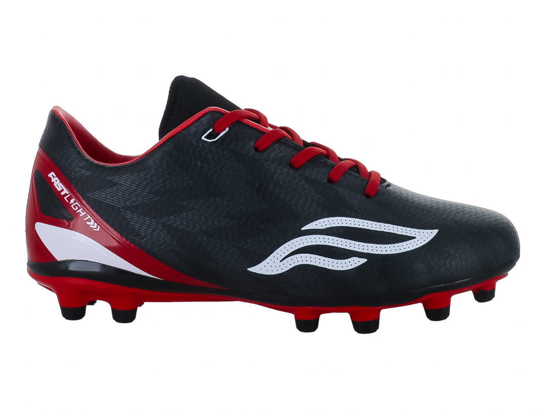 Zapato de fútbol Furia para niños en color negro con detalles en rojo y blanco.