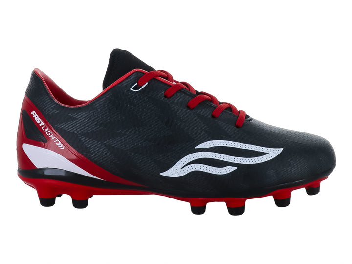 Zapato de fútbol Furia para niños en color negro con detalles en rojo y blanco.