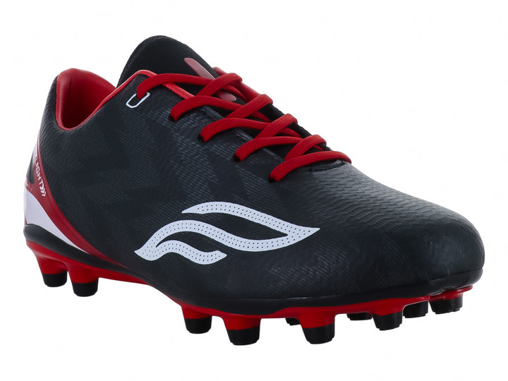 Zapato de fútbol Furia para niños en color negro con detalles en rojo y blanco.