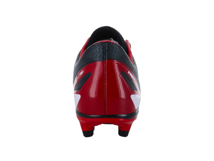 Zapato de fútbol Furia para niños en color negro con detalles en rojo y blanco.
