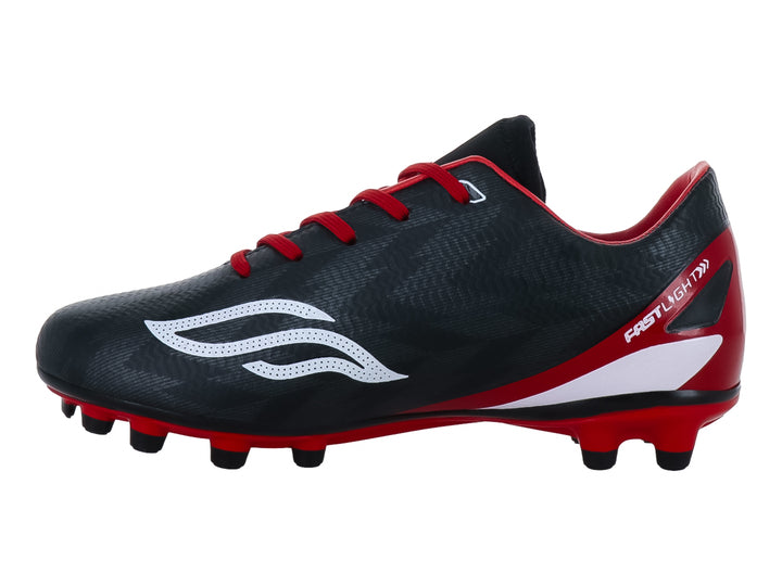 Zapato de fútbol Furia para niños en color negro con detalles en rojo y blanco.