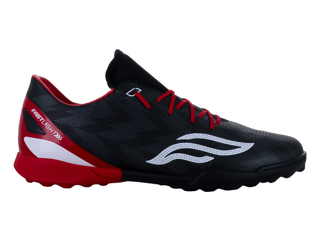 Zapato de fútbol Furia modelo 6066 en color negro con detalles en rojo y blanco, ideal para canchas sintéticas.