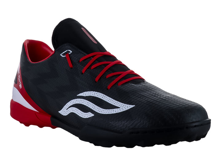 Zapato de fútbol Furia modelo 6066 en color negro con detalles en rojo y blanco, ideal para canchas sintéticas.