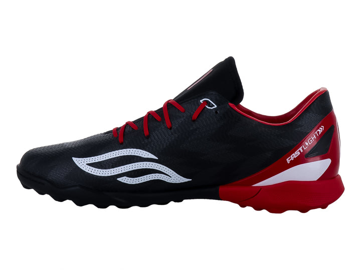 Zapato de fútbol Furia modelo 6066 en color negro con detalles en rojo y blanco, ideal para canchas sintéticas.
