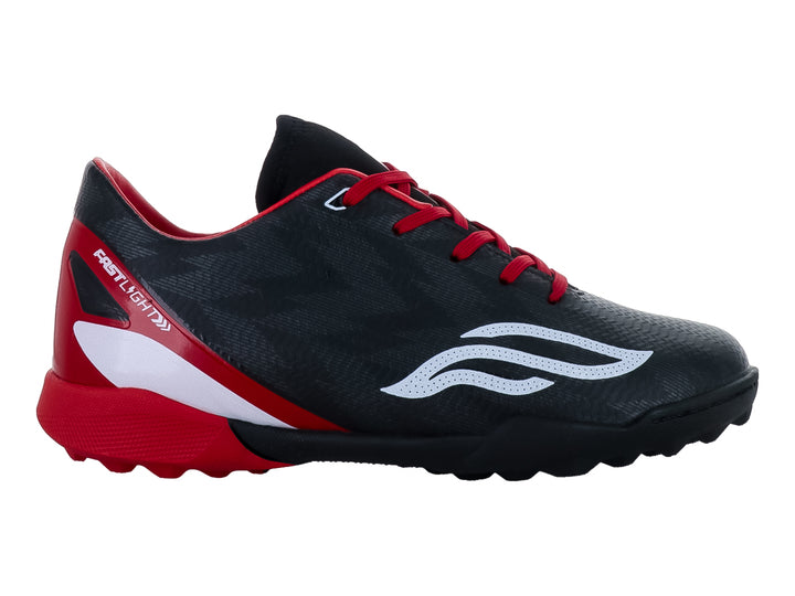 Zapato de fútbol sintético para niños en color negro con detalles en rojo y blanco.