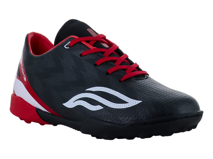 Zapato de fútbol sintético para niños en color negro con detalles en rojo y blanco.