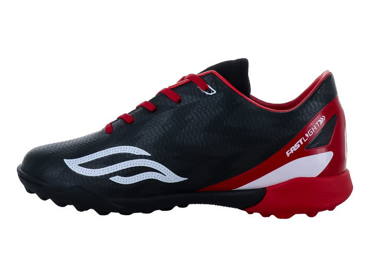 Zapato de fútbol sintético para niños en color negro con detalles en rojo y blanco.