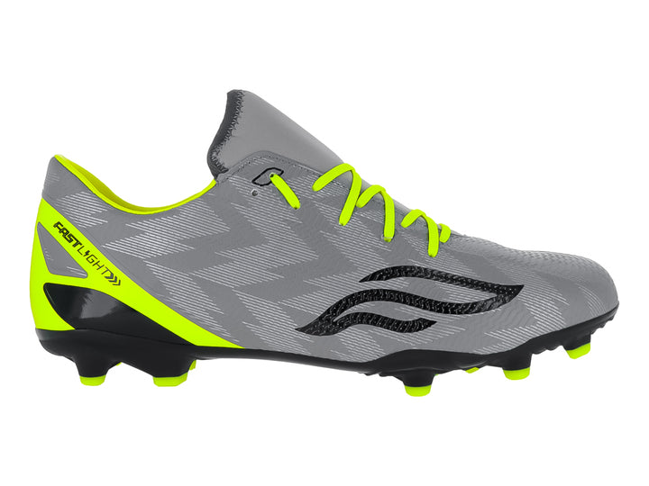 Zapato de fútbol Furia color gris con detalles en neon y suela negra con tacos.