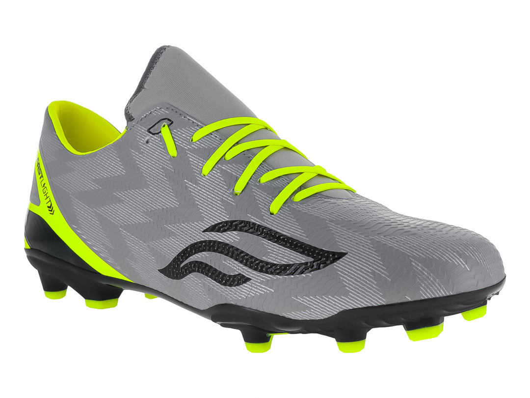 Zapato de fútbol Furia color gris con detalles en neon y suela negra con tacos.