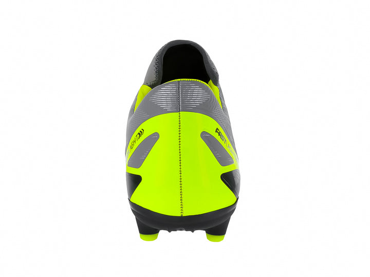 Zapato de fútbol Furia color gris con detalles en neon y suela negra con tacos.