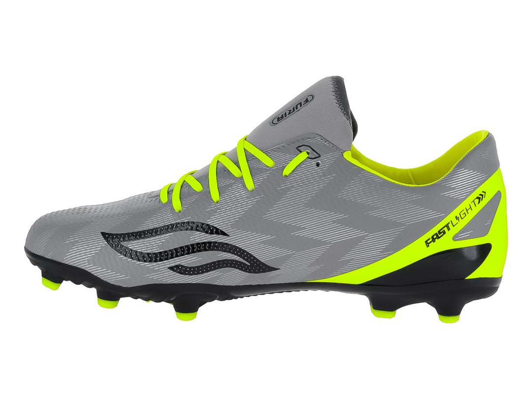 Zapato de fútbol Furia color gris con detalles en neon y suela negra con tacos.