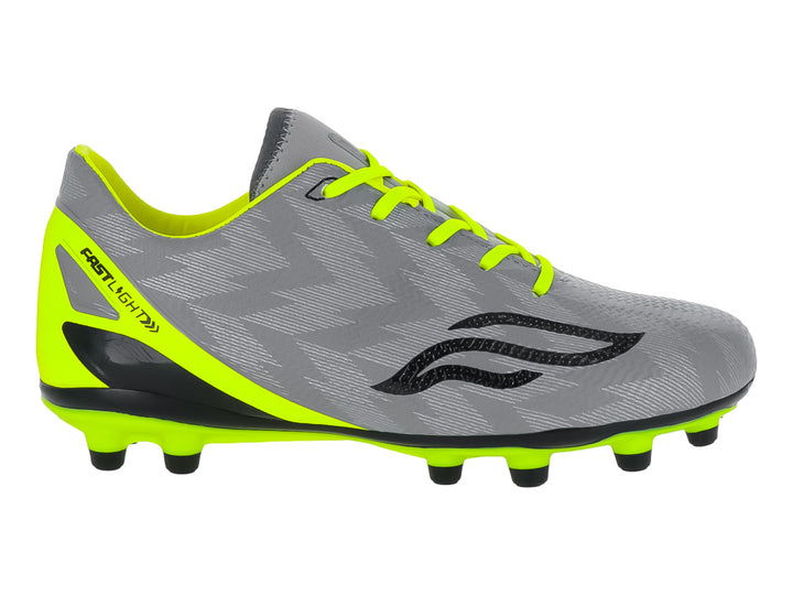 Zapato de fútbol Furia para niño en color gris con detalles en neón y suela de tacos