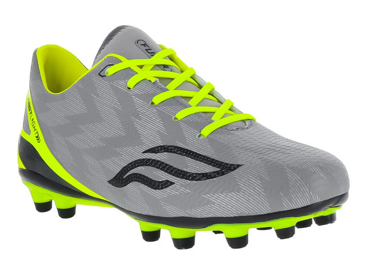 Zapato de fútbol Furia para niño en color gris con detalles en neón y suela de tacos