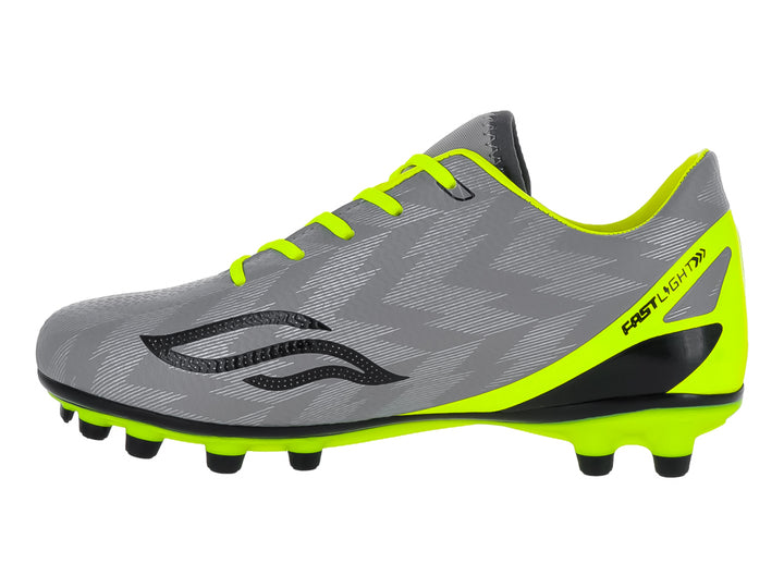 Zapato de fútbol Furia para niño en color gris con detalles en neón y suela de tacos