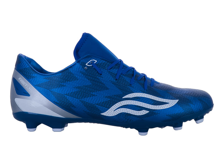 Zapato de fútbol Furia color azul con detalles blancos y suela de tacos para pasto natural.