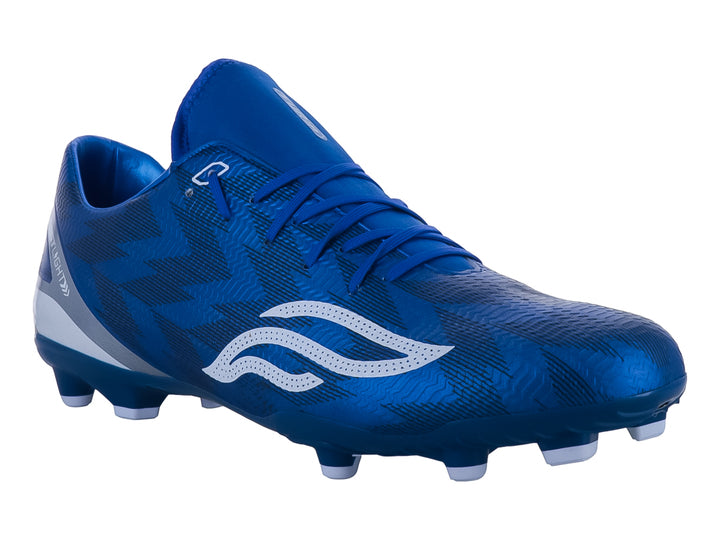 Zapato de fútbol Furia color azul con detalles blancos y suela de tacos para pasto natural.