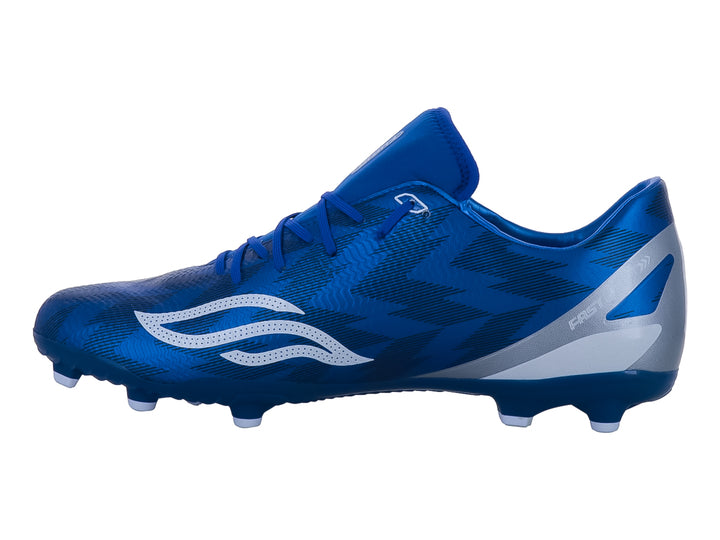 Zapato de fútbol Furia color azul con detalles blancos y suela de tacos para pasto natural.