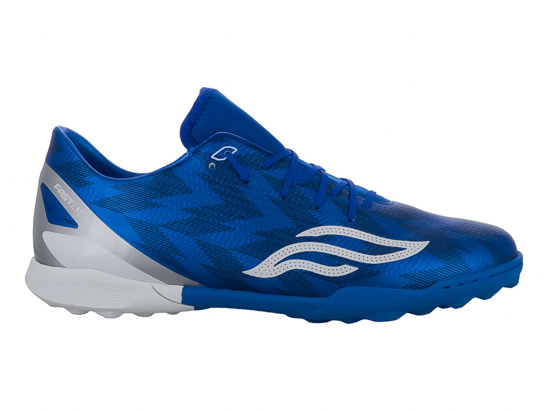 Zapato de fútbol Furia modelo 6066 TF en color azul con detalles blancos y suela para pasto sintético.