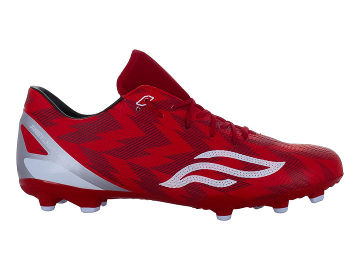 Zapato de fútbol Furia color rojo con detalles blancos y plateados para pasto.