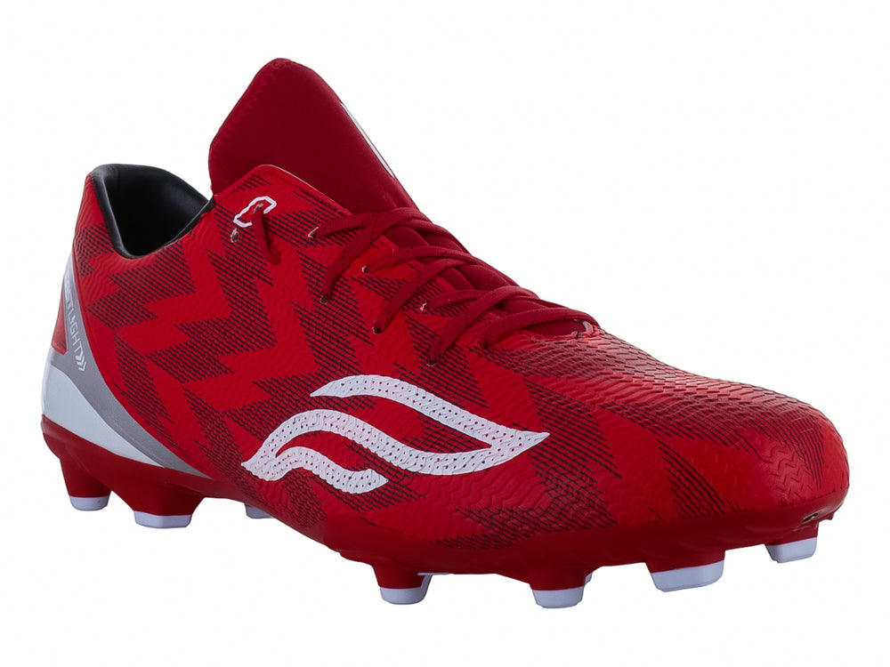 Zapato de fútbol Furia color rojo con detalles blancos y plateados para pasto.