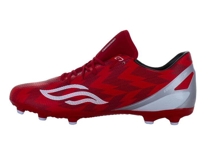 Zapato de fútbol Furia color rojo con detalles blancos y plateados para pasto.