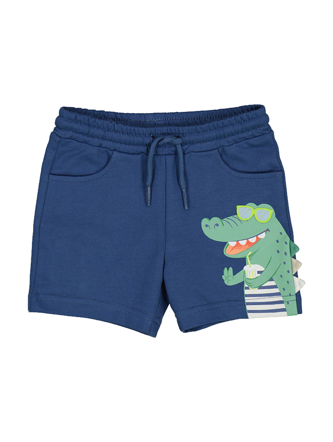 Bermuda color índigo para niño con estampado de cocodrilo en el costado.