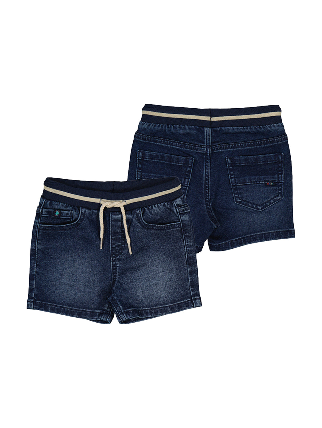 Bermudas de mezclilla azul oscuro para niño con cintura elástica y cordón beige.