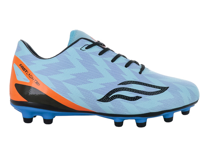 Zapato de fútbol para niño marca Furia, color azul menta con detalles en naranja y suela azul con tacos.