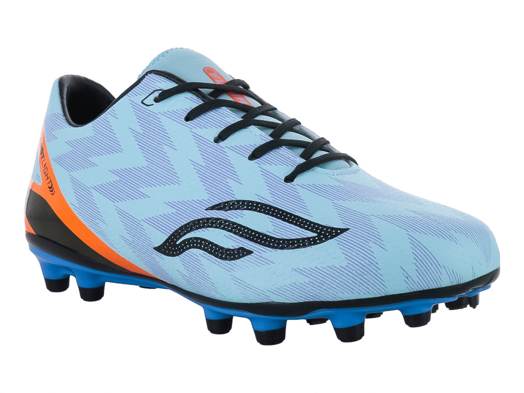 Zapato de fútbol para niño marca Furia, color azul menta con detalles en naranja y suela azul con tacos.