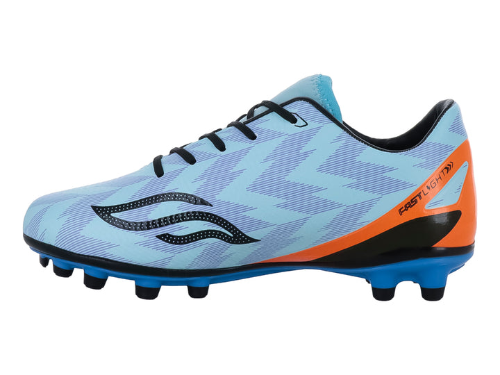 Zapato de fútbol para niño marca Furia, color azul menta con detalles en naranja y suela azul con tacos.