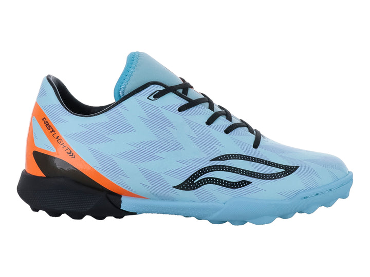 Zapato de fútbol Furia para niños en color menta con detalles en naranja y negro, suela para terreno sintético.