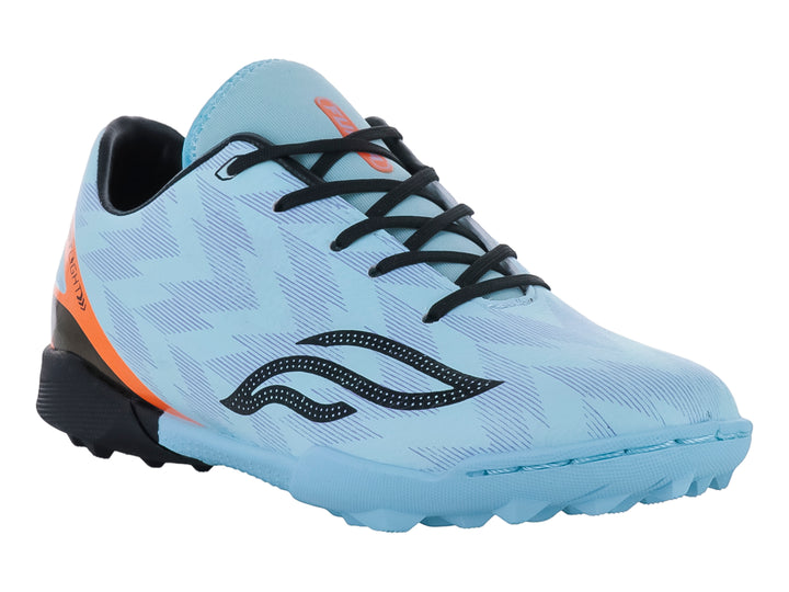 Zapato de fútbol Furia para niños en color menta con detalles en naranja y negro, suela para terreno sintético.