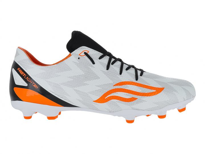 Zapato de fútbol Furia color blanco con detalles en naranja y negro, diseño Fastlight para pasto natural.