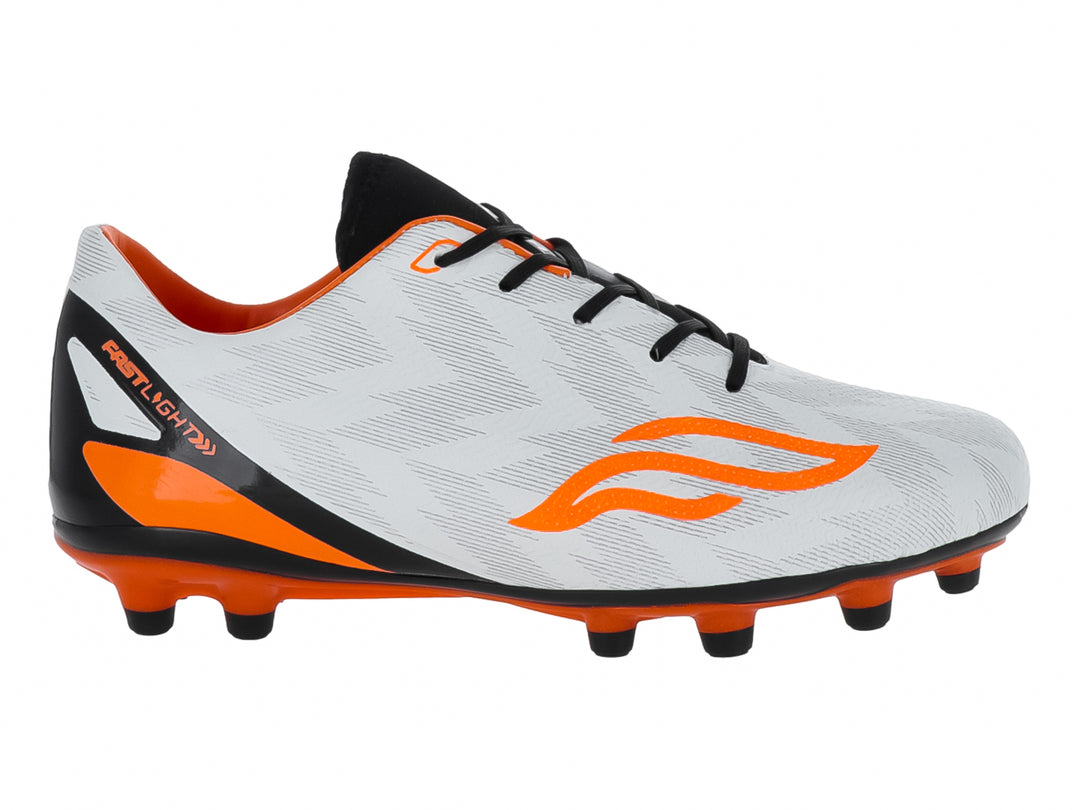 Zapato de fútbol Furia para niños en color blanco con detalles en naranja y negro.