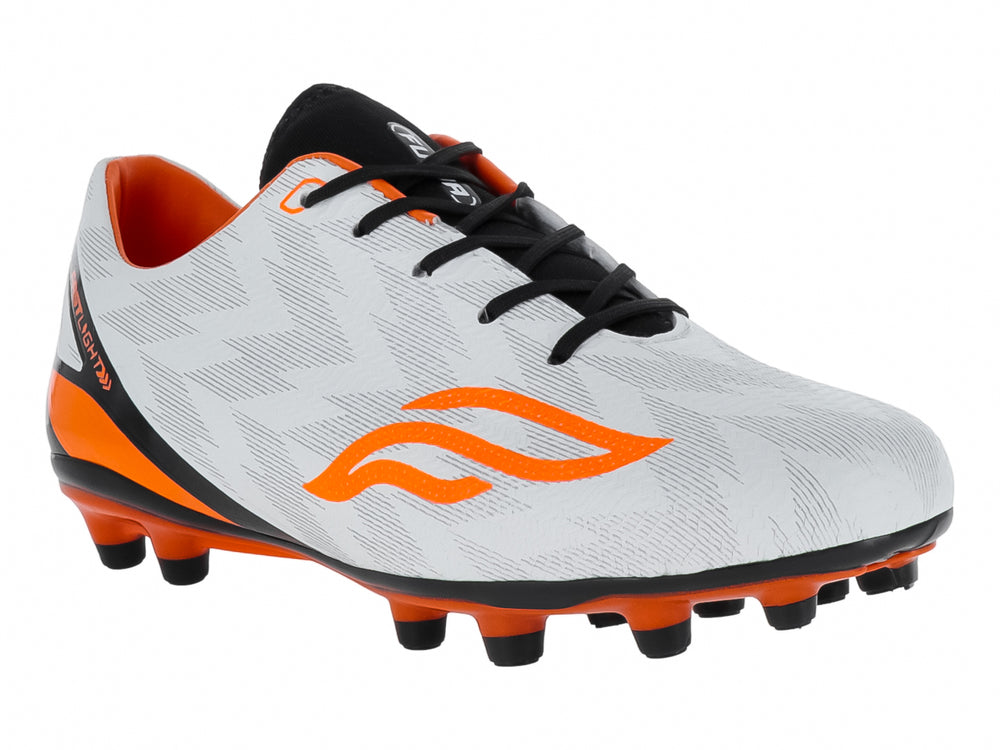 Zapato de fútbol Furia para niños en color blanco con detalles en naranja y negro.