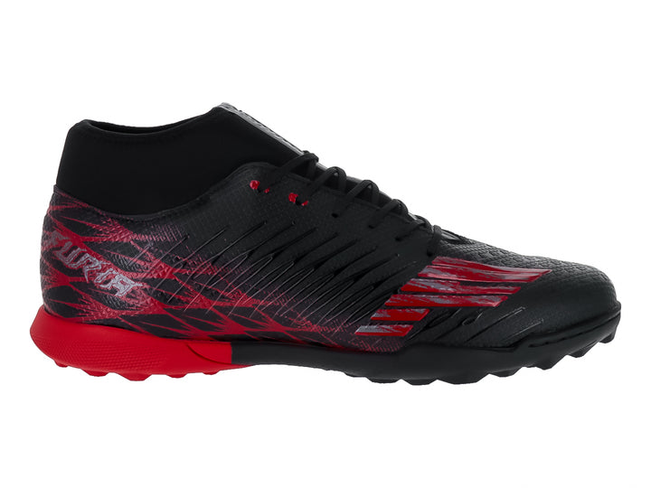 Zapato de fútbol Furia en color negro con detalles y suela roja, material sintético.