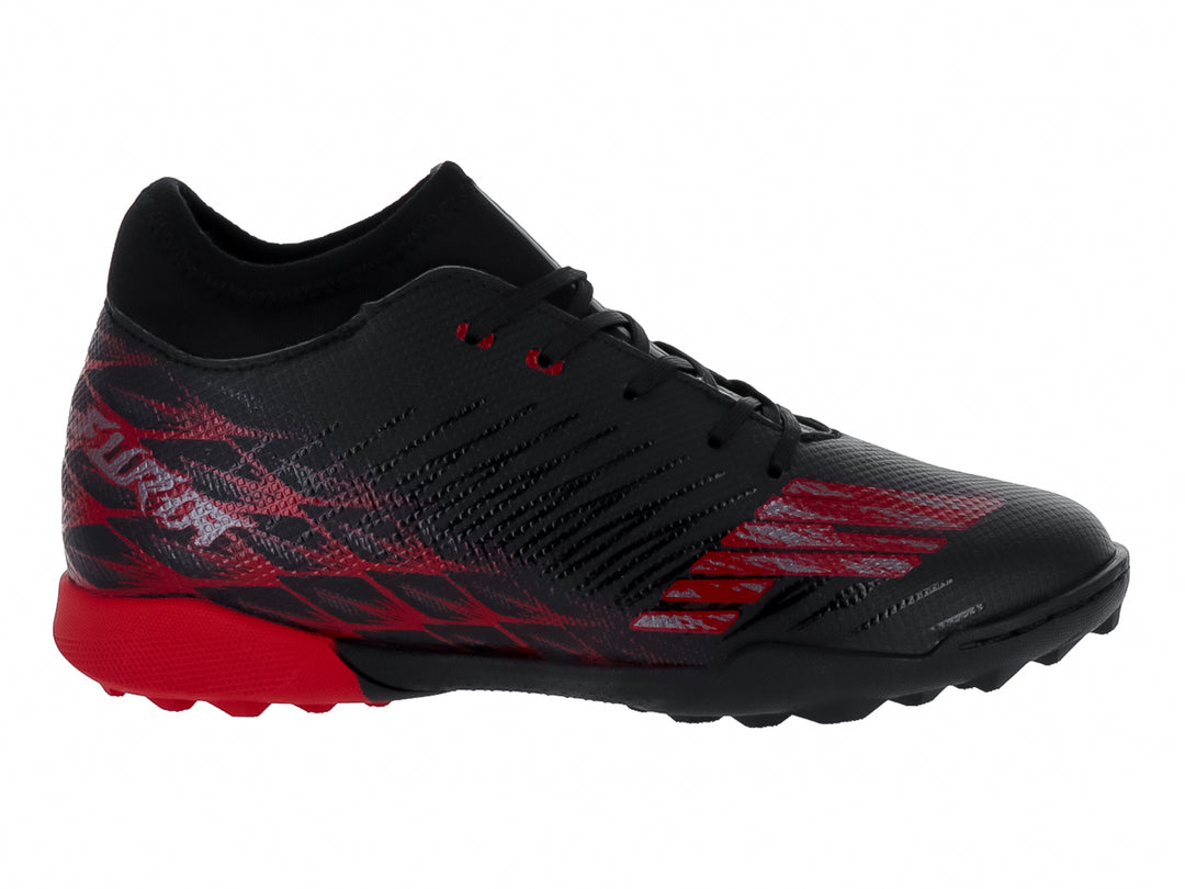 Zapato de fútbol para niño marca Furia en color negro con detalles rojos y suela para pasto sintético.