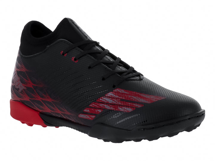 Zapato de fútbol para niño marca Furia en color negro con detalles rojos y suela para pasto sintético.