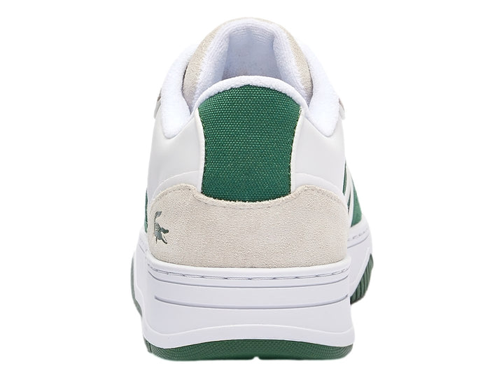 Tenis Lacoste en color blanco con detalles en verde oscuro y beige, diseño deportivo de perfil bajo.