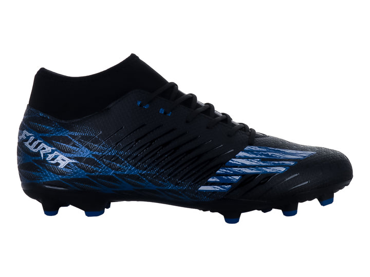 Botín de fútbol FURIA color negro con detalles y tacos en color azul.