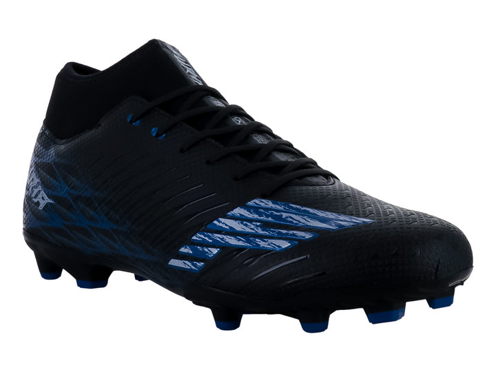 Botín de fútbol FURIA color negro con detalles y tacos en color azul.