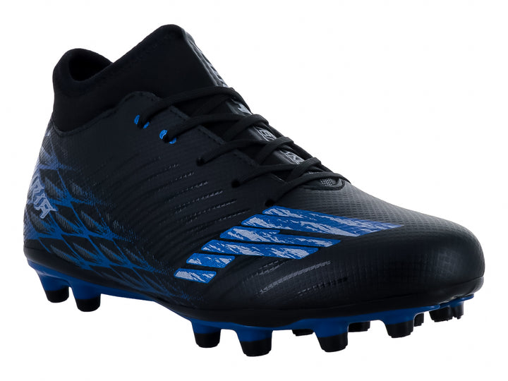 Zapato de fútbol para niño marca Furia, color negro con detalles azules y suela de tacos